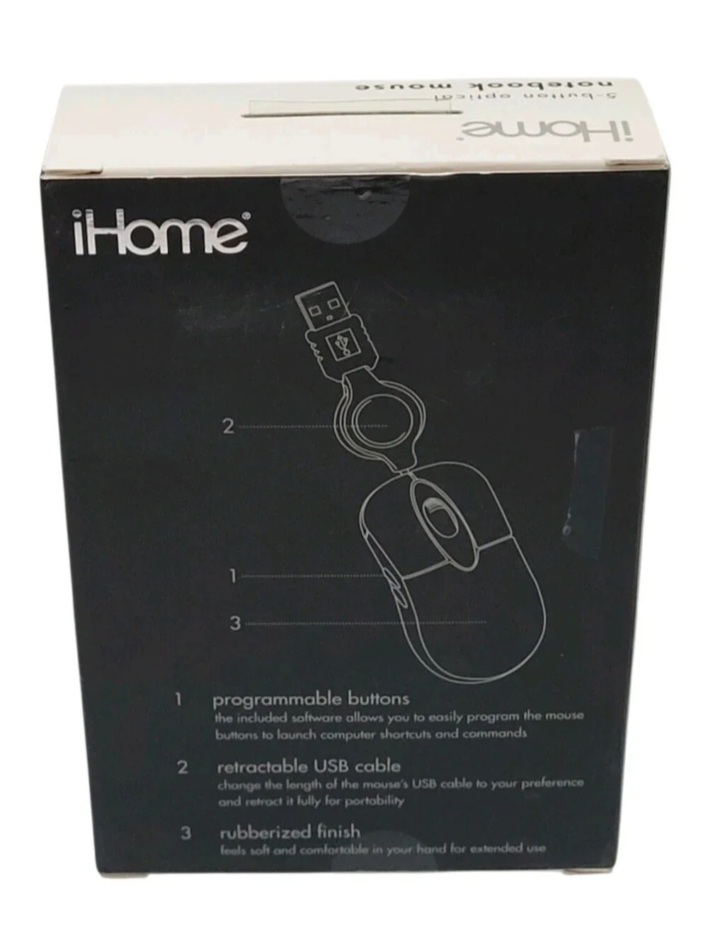 iHome 5 Button Optical Notebook Mouse W/ Retractable USB Cable Model # 1H-M1510B